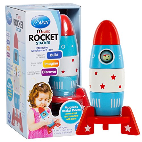 Product Cover Wooden Stacker Toy Space Rocket - (6 Magnetic Stacking Pcs) Magnet Building Set with Surprise Astronaut Inside