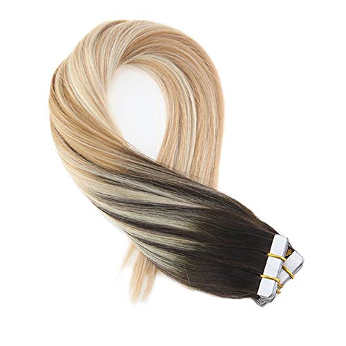 Product Cover 14inch Tape in Extensions Remy Human Hair Color #2 Brown Fading to Blonde #27 Mixed #613 Bleach Blonde Seamless Tape in Human Hair Extensions 20pcs 50g Per Pack