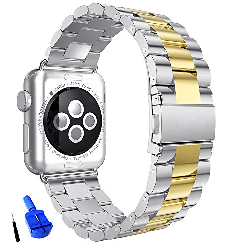 Product Cover HUANLONG Compatible with Apple Watch Band, Solid Stainless Steel Metal Replacement Watchband Bracelet with Compatible with iWatch Series 1/2/3/4(Silver/Gold 38mm)