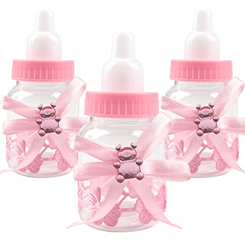 Product Cover AerWo Baby Shower Favors Fillable Mini Bottle Candy Gift Box for Boy Girl Newborn Infant Baptism Christening Birthday Party Decoration (24 Packs, Pink)