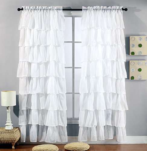 Product Cover 2 Piece Set -Solid WHITE Gypsy Ruffle Sheer - Crushed Voile Shabby Chic Window Panels / Drapes / Curtains - 2 Panels 54 inch X 84 inch each making 108