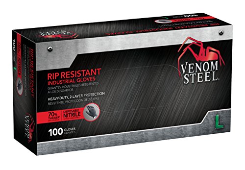 Product Cover Venom Steel Nitrile Gloves, Rip Resistant Disposable Latex Free Black Gloves, 2 Layer Gloves, 6 mil Thick, Large (Pack of 100)