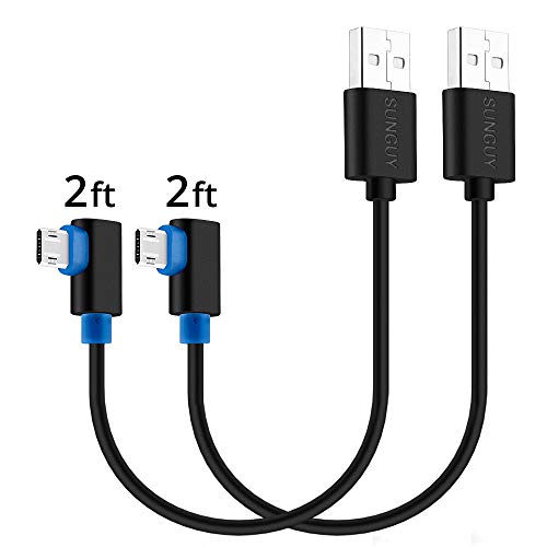 Product Cover SUNGUY (2-Pack,2ft x2) Short 90 Degree Micro USB Cable Right Angle Fast Charging & Data Sync Cord Compatible with Samsung Galaxy S7 Edge,RAVPower,Anker Powercore Power Bank,Kindle Fire HD and More
