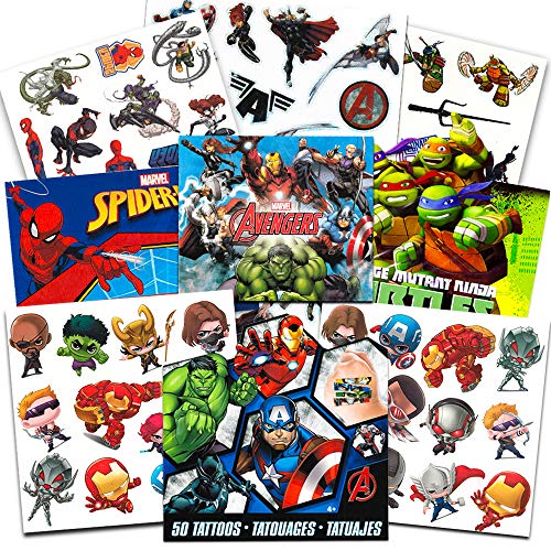 Product Cover Super Hero Party Supplies Set -- 150 Temporary Tattoos Featuring Marvel Avengers, Spiderman and Teenage Mutant Ninja Turtles with Bonus Avengers Stickers