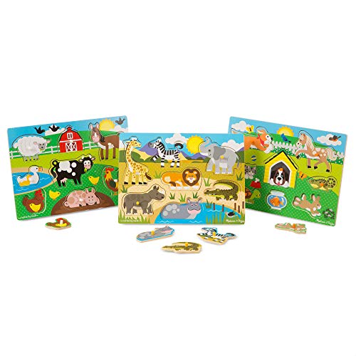 Product Cover Melissa & Doug World of Animals Wooden Peg Puzzles Set - Pets (8 Pieces), Farm (8 Pieces), Safari (7 Pieces), Great Gift for Girls and Boys - Best for 2, 3, and 4 Year Olds