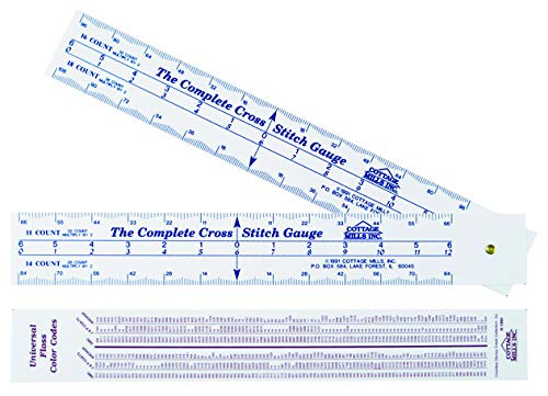 Product Cover Complete Cross Stitch Gauge - Scales for 12 fabric counts - Count stitches, determine dimensions and where to start designBonus floss number comparison chart
