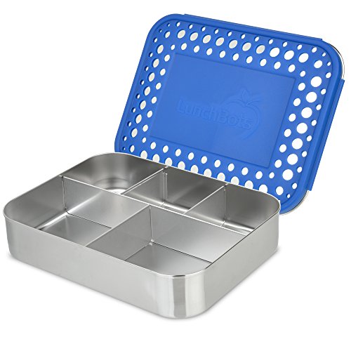 Product Cover LunchBots Bento Cinco Large Stainless Steel Food Container - Five Section Design Holds a Well-Balanced Variety of Foods - Eco-Friendly Bento Lunch Box - Dishwasher Safe and BPA-Free - Blue Dots