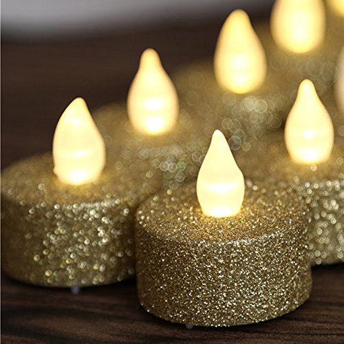 Product Cover Tea Lights Candles,Gold LED Tea Lights,Tea Lights Battery Operated,Gold Glitter Flameless Tea Lights For Wedding Festival Christmas Decorations, Pack of 12
