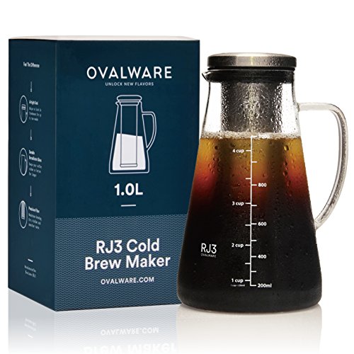Product Cover Airtight Cold Brew Iced Coffee Maker and Tea Infuser with Spout - 1.0L / 34oz Ovalware RJ3 Brewing Glass Carafe with Removable Stainless Steel Filter