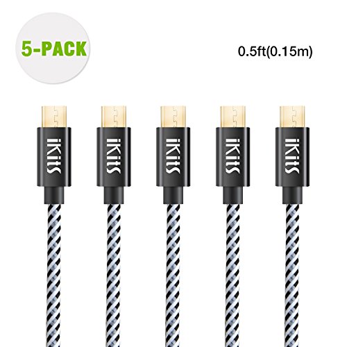 Product Cover iKits Short Micro USB Cable 0.5ft Nylon Braided High Speed Durable Sync and Charge Cord Compatible with S7, HTC, LG & etc, Metal Plug & Mixed Color Cotton Jacket, USB 2.0 A Male to Micro B [5-Pack]