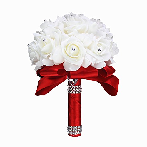 Product Cover StillCool Wedding Bouquets, Crystal Pearl Silk Roses Bridal Bridesmaid Wedding Hand Bouquet Artificial Fake Flowers (18cm24cm, Red)