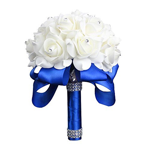 Product Cover StillCool Wedding Bouquet Crystal Pearl Silk Roses Bridal Bridesmaid Wedding Hand Bouquet Artificial Fake Flowers (18cm x 24cm, Royal-blue)
