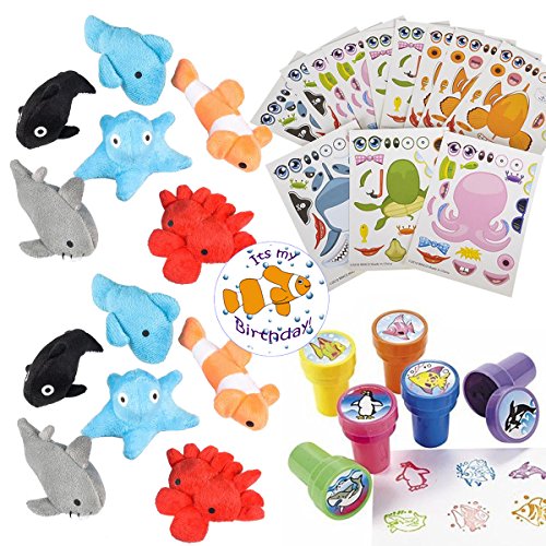 Product Cover Sea Creature Party Favors for 24 - Under the Sea Stampers (24), Make-a-Fish Stickers (24), Plush Mini Ocean Animals (24) and a Birthday Sticker (Total 73 Pieces)