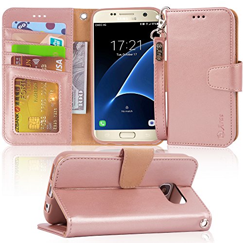 Product Cover Arae Case Compatible for Samsung Galaxy s7, [Wrist Strap] Flip Folio [Kickstand Feature] PU Leather Wallet case with ID&Credit Card Pockets (Rosegold)