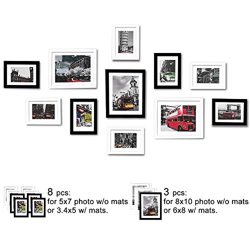Product Cover WOOD MEETS COLOR Picture Frames Set, Wall Gallery Collage Frames with Hanging Template, Photo Mats (Black and White)
