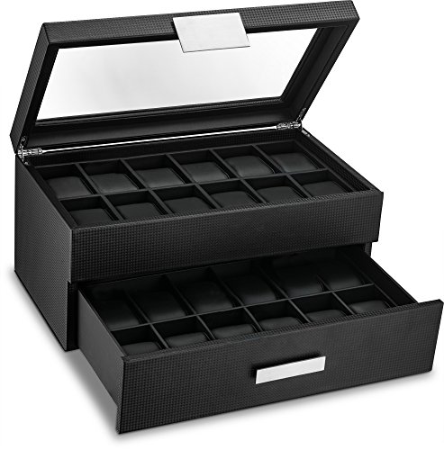 Product Cover Glenor Co Watch Box for Men - 24 Slot Luxury Display Case Organizer, Carbon Fiber Design -Metal Buckle for Mens Jewelry Watches, Men's Storage Holder w Large Glass Top, Drawer & Leather Pillows- Black