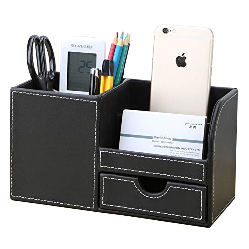 Product Cover KINGFOM Wooden Struction Leather Multi-Function Desk Stationery Organizer Storage Box Pen/Pencil,Cell Phone, Business Name Cards Remote Control Holder