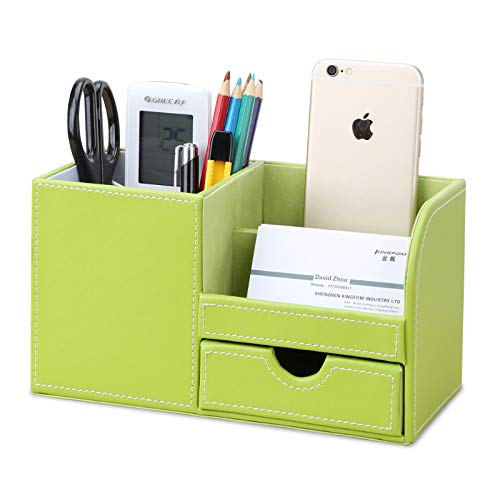 Product Cover KINGFOM Wooden Struction Leather Multi-Function Desk Stationery Organizer Storage Box Pen/Pencil,Cell Phone, Business Name Cards Remote Control Holder with Small Drawer Green