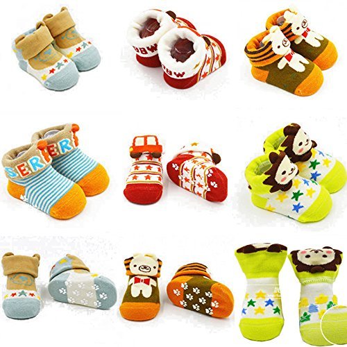 Product Cover  Fly-love® 5pairs Animal Non-Skid Slip Toddler Socks Cotton Unisex Baby Crew Sock 0-18 months With Box
