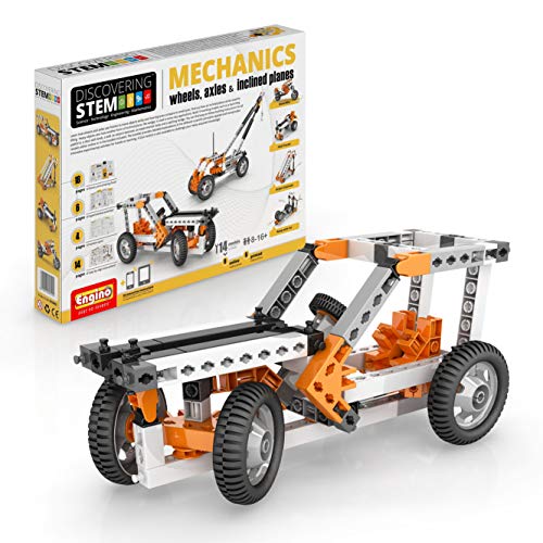 Product Cover Engino Discovering STEM Mechanics Wheels, Axles and Inclined Planes | 14 Working Models | Illustrated Instruction Manual | Theory & Facts | Experimental Activities | STEM Construction Kit