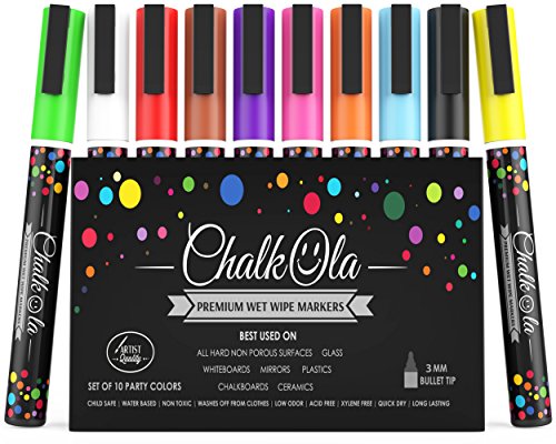 Product Cover Fine Tip Chalk Markers - Pack of 10 neon color pens - Non Toxic Wet Erase Chalkboard Window Glass Pen - 3mm reversible bullet & chisel nib