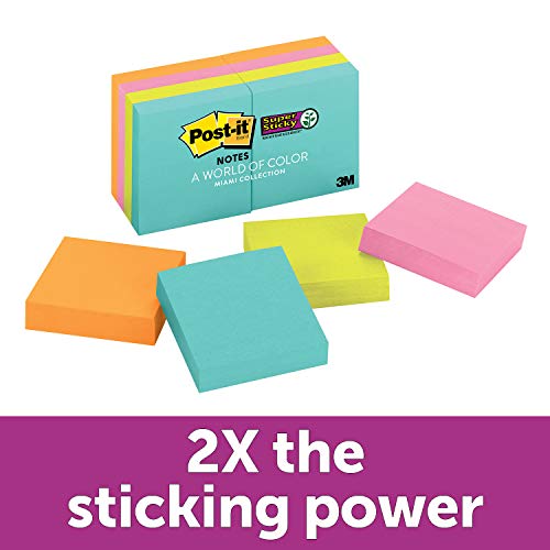 Product Cover Post-it Super Sticky Notes, Bright Neons, Sticks and Resticks, 67% Plant-Based Adhesive by Weight, 1 7/8 in. x 1 7/8 in, 8 Pads/Pack, (622-8SSMIA)