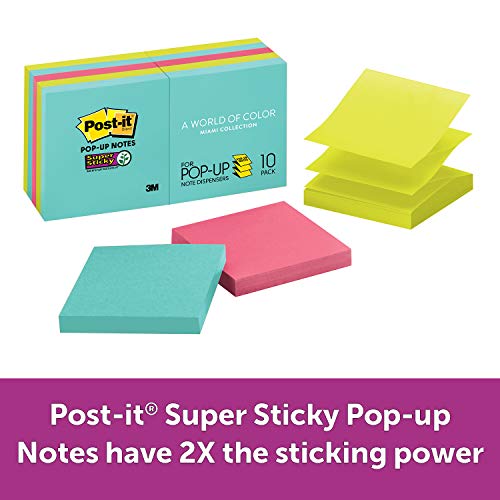 Product Cover Post-it Super Sticky Pop-up Notes, Miami Colors, Sticks and Resticks, Designed for Pop-up Note Dispensers, 67% Plant-Based Adhesive by Weight, 3 in. x 3 in, 10 Pads/Pack, (R330-10SSMIA)