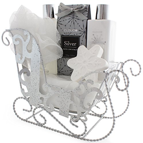 Product Cover BRUBAKER 6 Pcs Gift Set 'Vanilla' Beauty Spa Set With Silver Sled, Bath Fizzer, Shower Gel, Body Lotion, Bath Crystals, Sponge
