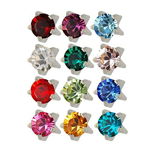 Product Cover Studex Surgical Steel 3mm Regular Size Ear Piercing Earrings Studs in Prong Style Setting, 12 Pair Mixed Colors White Metal