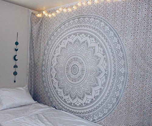 Product Cover Exclusive Gray Ombre Tapestry by JaipurHandloom Mandala Tapestry, Queen, Multi Color Indian Mandala Wall Art, Hippie Wall Hanging, Bohemian Bedspread