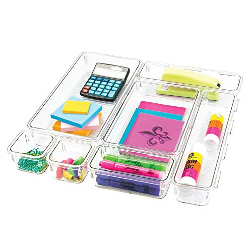 Product Cover mDesign Plastic Interlocking Modular Desk Drawer Organizer Bins for Storing Office Supplies, Pencils, Pens, Scissors, Tape, Markers, Highlighters, Sticky Notes, Glue Sticks, 7 Piece Set - Clear