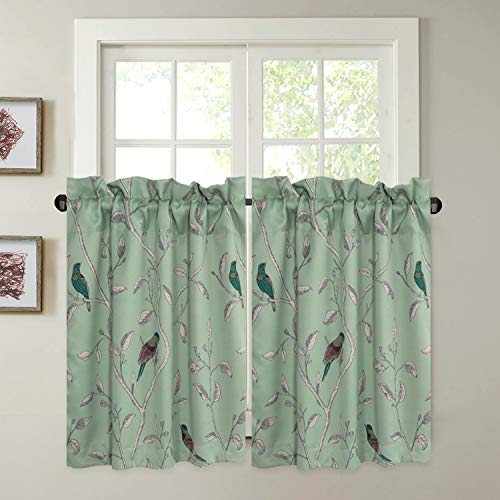 Product Cover H.VERSAILTEX Ultra Soft Textured Woven Kitchen Curtains Rod Pocket Window Curtain Tiers for Café/Bath/Laundry/Bedroom - Sage Green Base with Turquoise Birds - (29
