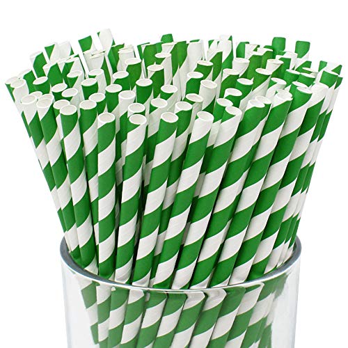 Product Cover Just Artifacts 100pcs Premium Biodegradable Striped Paper Straws (Striped, Forest Green)