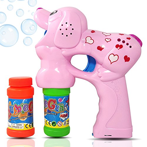 Product Cover Haktoys Pink Puppy Bubble Gun Shooter Light Up Blower Machine with LED Flashing Lights, Extra Refill Bottle, Sound-Free | Dog Bubble Blaster for Kids, Parties, Etc. (Complimentary Batteries Included)