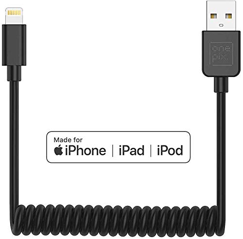 Product Cover ONE PIX iPhone Charger Cable for Car (3 ft), MFi Certified Coiled Lightning Cable Compatible with iPhone 11/XS/XS Max/XR/X/8/8 Plus/7/7 Plus/6s/6s Plus/6/6 Plus/SE/5s/5c/5/iPad/iPod - Black