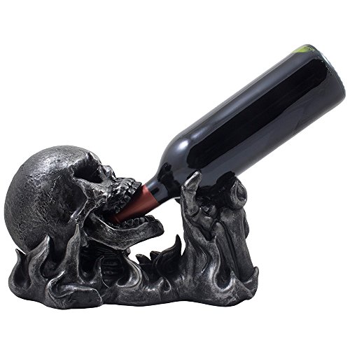 Product Cover Evil Skull Rising from Flames Wine Bottle Holder Statue in Metallic Look for Scary Skeleton Halloween Party Decorations or Spooky Gothic Bar Decor As Gifts for Man Cave