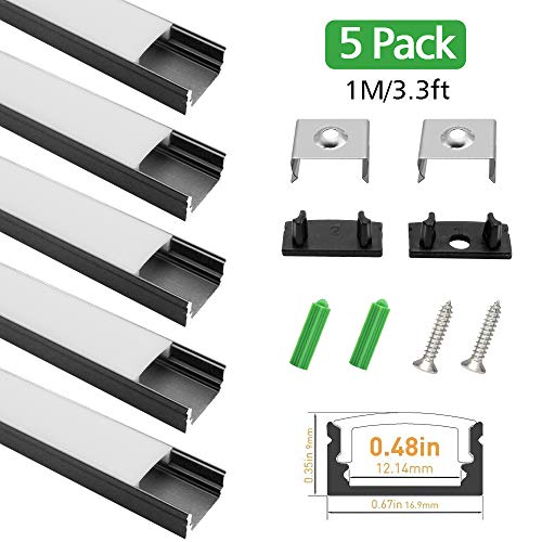 Product Cover LightingWill 5-Pack 3.3ft/1M 9x17mm Black U-Shape Internal Width 12mm LED Aluminum Channel System with Cover, End Caps and Mounting Clips Aluminum Profile for LED Strip Light Installations-U02B5