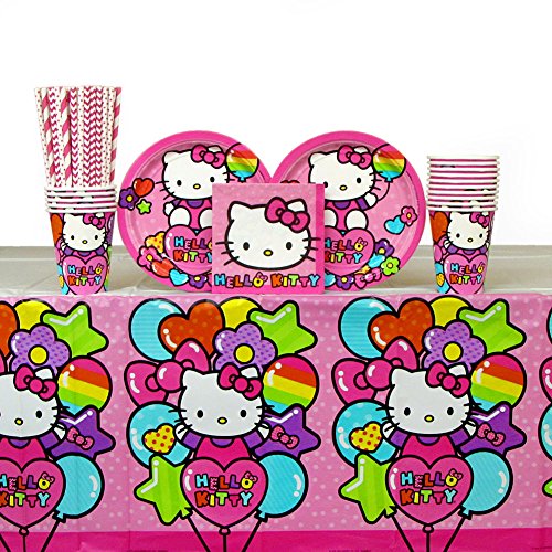 Product Cover Hello Kitty Party Supplies Pack for 16 Guests Includes | Straws, Dessert Plates, Beverage Napkins, Cups, and Table Cover | Hello Kitty Rainbow Birthday Party Supplies | Hello Kitty Kitchen Supplies