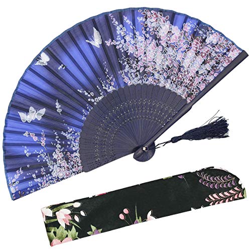 Product Cover OMyTea Women Hand Held Silk Folding Fan with Bamboo Frame - with a Fabric Sleeve for Protection for Gifts - Sakura Cherry Blossom Pattern (WZS-1)