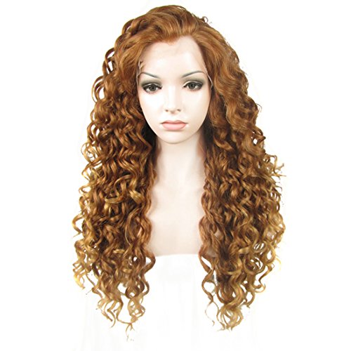 Product Cover Ebingoo Brown Lace Front Wigs for Women Long Curly Synthetic Lace Front Wig with Widow Peak Caramel Hair Wig with Highlighted Tips