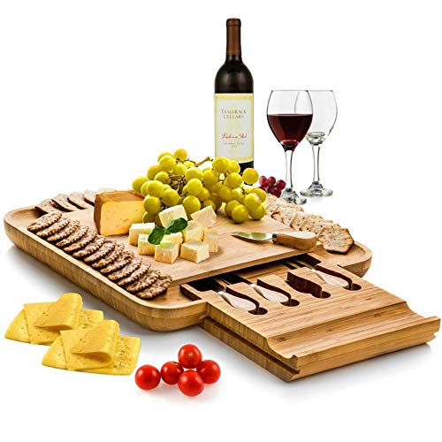 Product Cover Bambusi Premium Bamboo Cheese Board Set - Wooden Charcuterie Platter Serving Tray with Cutlery Set - Perfect for Birthday, Housewarming & Wedding Gifts