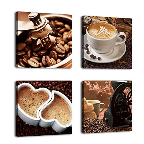 Product Cover Kitchen Canvas Art Coffee Bean Coffee Cup Canvas Prints Wall Art Decor Framed Ready to Hang - 4 Panels Modern Artwork Painting Contemporary Pictures for Dining Home Decoration