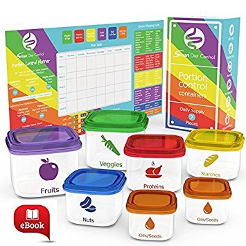 Product Cover SDC - 7 Piece Portion Control Containers Kit Comparable to 21 Day Fix with Complete Guide and EBOOK Leak Proof Microwave and Dishwasher Safe