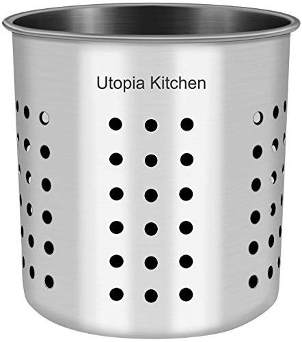 Product Cover Kitchen Utensil Holder - Utensil Container - Utensil Cock - Flatware Caddy - Brushed Stainless Steel Cookware Cutlery Utensil Holder with Drain Holes - By Utopia Kitchen