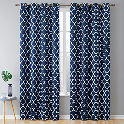 Product Cover HLC.ME Lattice Print Thermal Insulated Bedroom Blackout Heat Absorbing Room Darkening Energy Efficient Savings Living Room Window Drapery Curtain Grommet Panels, Set of 2, 52 W x 84 L, Navy Blue