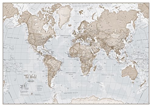 Product Cover Large Map of The World - Silk Art Print World Map - Neutral Tones - 36 x 24