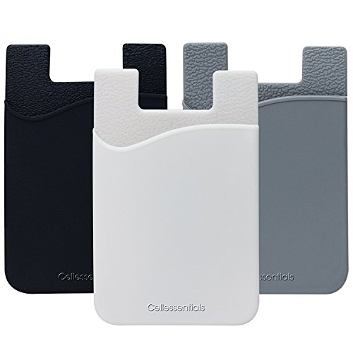 Product Cover Cellessentials Card Holder Back Phone - Silicone Stick on Cell Phone Wallet Pocket Credit Card, ID, Business Card - iPhone, Android Most Smartphones - 3 Pack(Black,White,Grey)