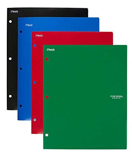 Product Cover Five Star 2 Pocket Folders, Stay-Put Tabs, Binder Folders with Pockets, Fits 3 Ring Binder, Plastic, Black, Red, Green, Blue, 4 Pack (38049)