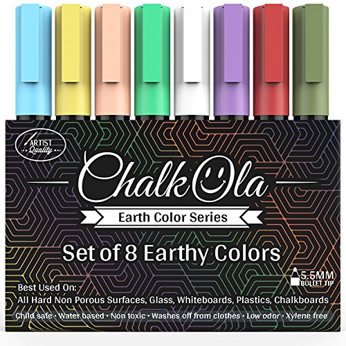 Product Cover Chalkboard Chalk Markers - Pack of 8 Classic Earth color pens - For Blackboards, Chalkboard, Bistro, Window - Erasable Dry Erase Chalk Ink Pen - 6mm Reversible Bullet & Chisel Tip