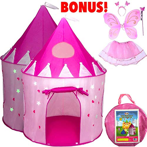 Product Cover 5-Piece Princess Castle Girls Pop Up Play Tent & Dress Up Costume Bundle - Playhouse Gift for Girls & Toddler for Indoor & Outdoor Use with Pink Fairy Tale Carrying Bag & Glow in The Dark Stars